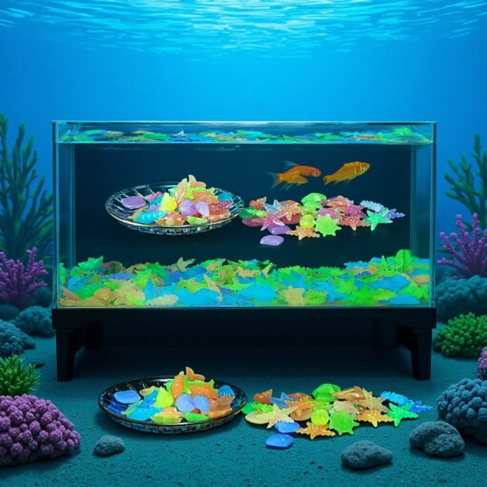 Aquarium Planted Fish - 光る発光海洋石、蛍光貝殻、カラフルなヒトデ、水槽の景観装飾用、暗闇で光る